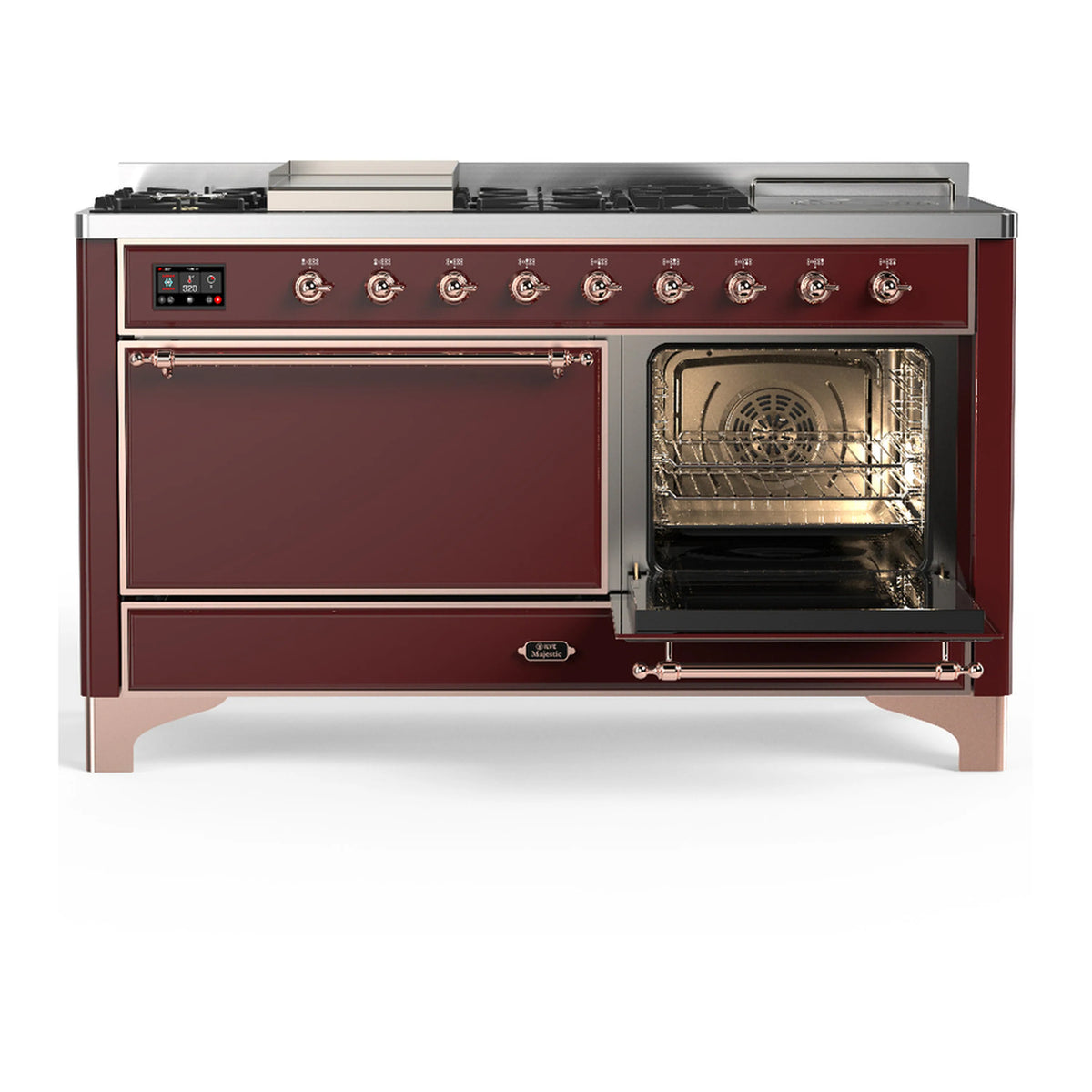 Burgundy dual fuel range with copper trim, right oven open and left oven door closed