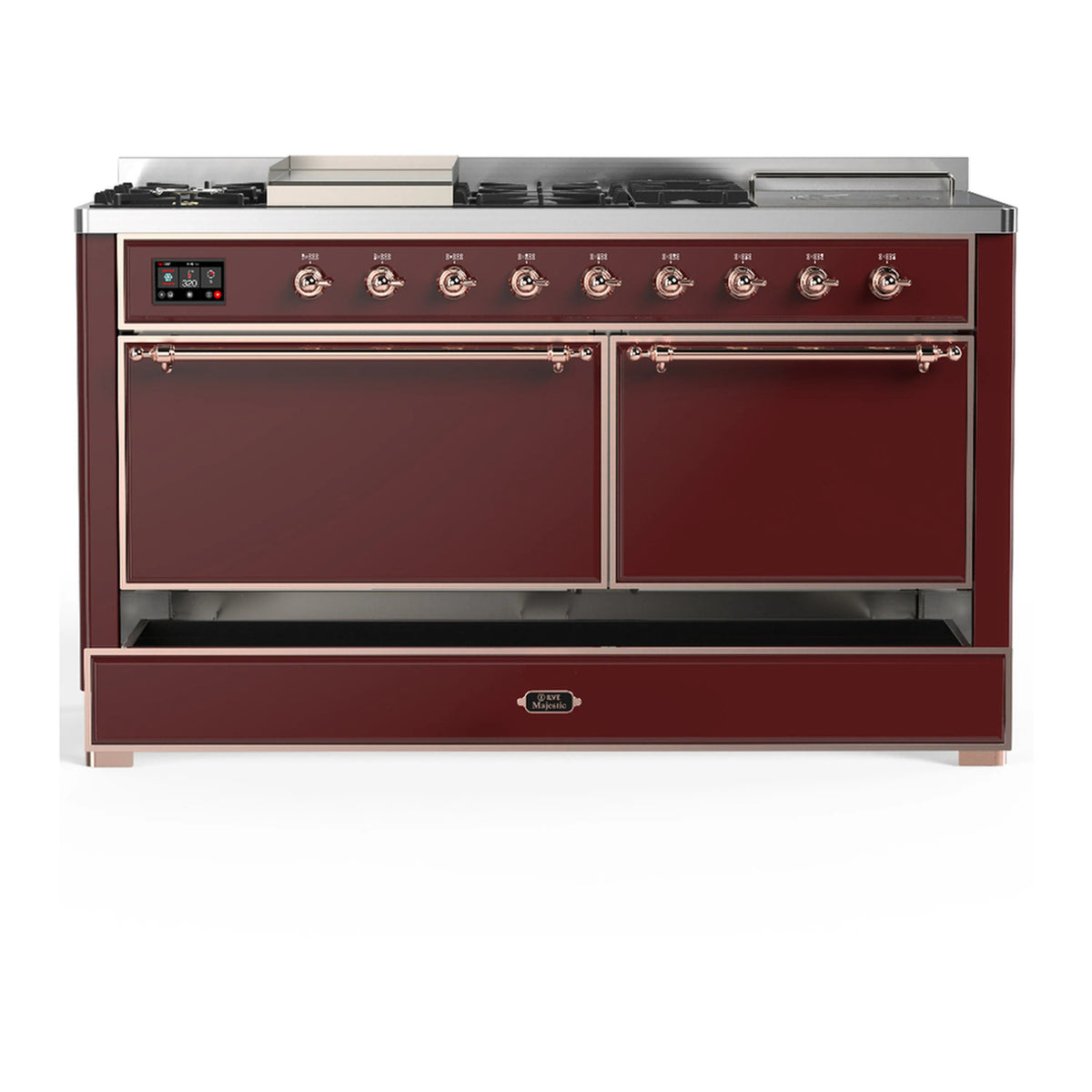 Burgundy dual fuel range with copper trim, two oven doors and storage drawer closed