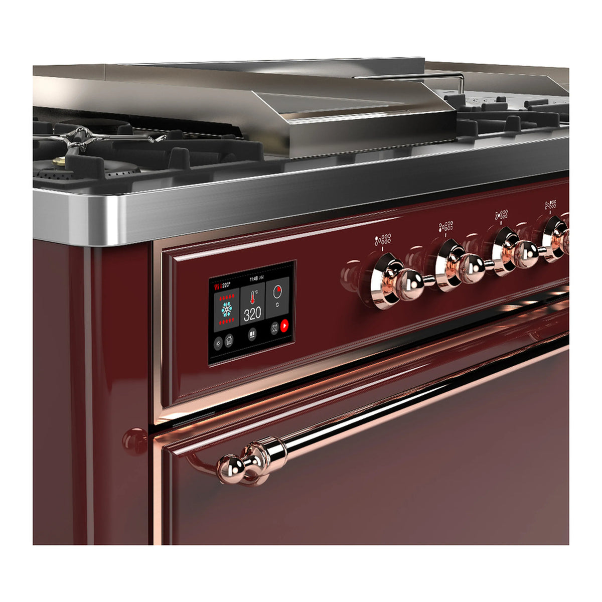 Burgundy dual fuel range close-up of copper control knobs and digital oven display