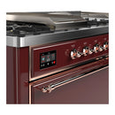 ILVE Majestic III 60-inch Dual Fuel Range with 7 Natural Gas Burner, Griddle, French Top and Solid Door Electric Oven in Burgundy with Copper Trim (UM60FSQNR3BUP)