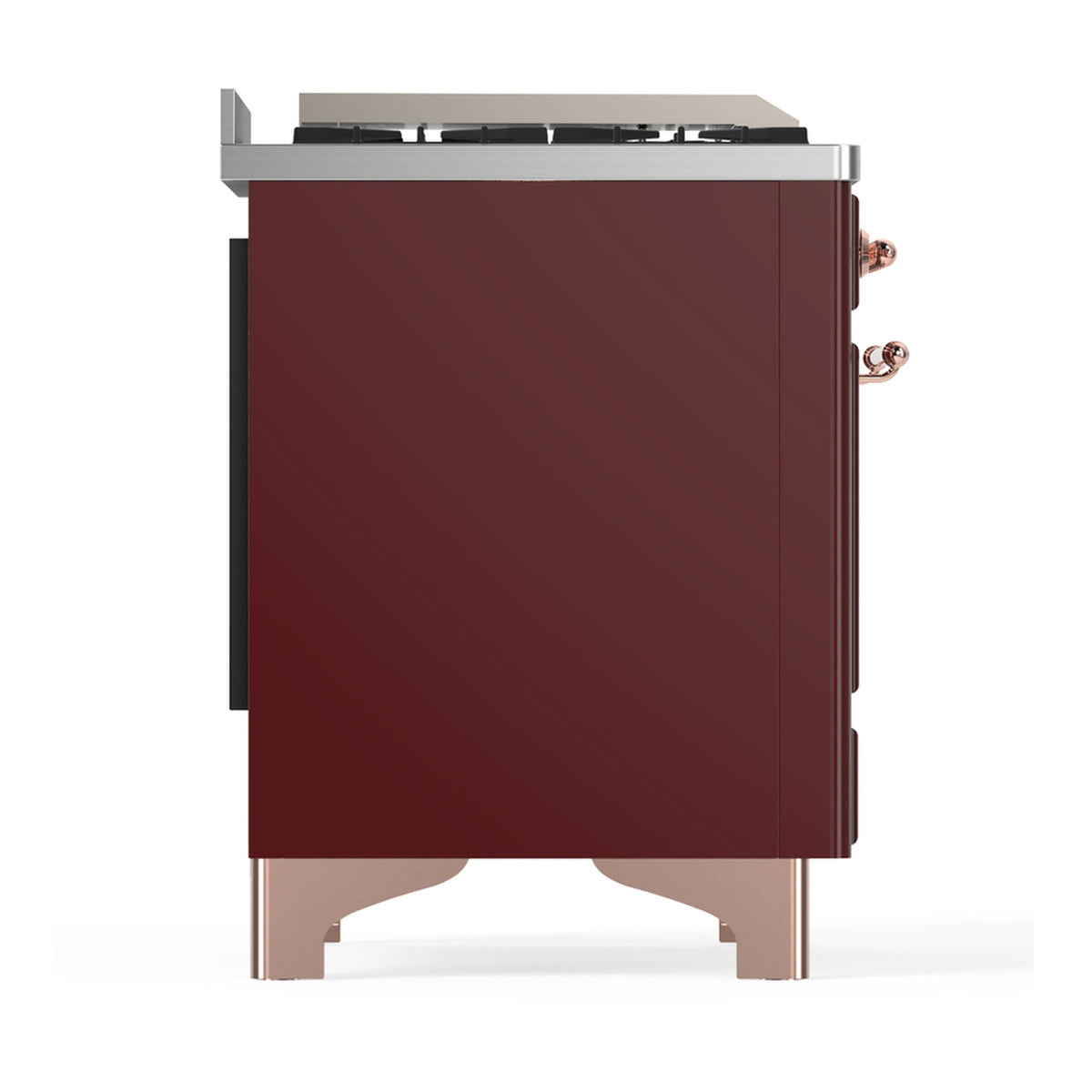 Burgundy dual fuel range side view with copper handle and stainless top edge