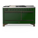 ILVE Majestic III 60-inch Dual Fuel Range with 5 Liquid Propane Burner, Griddle, French Top and Solid Door Electric Oven in Emerald Green with Burnished Trim (UM60FSQNR3EGBLP)