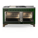 ILVE Majestic III 60-inch Dual Fuel Range with 5 Liquid Propane Burner, Griddle, French Top and Solid Door Electric Oven in Emerald Green with Burnished Trim (UM60FSQNR3EGBLP)