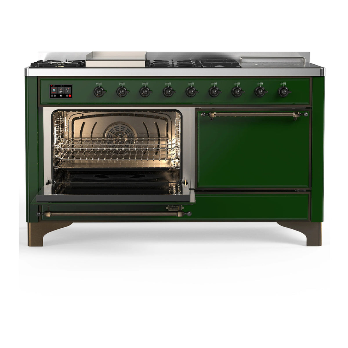 Emerald green dual fuel range with one open oven door and backsplash controls at top