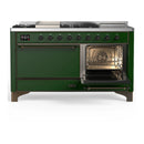 ILVE Majestic III 60-inch Dual Fuel Range with 5 Liquid Propane Burner, Griddle, French Top and Solid Door Electric Oven in Emerald Green with Burnished Trim (UM60FSQNR3EGBLP)