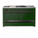 ILVE Majestic III 60-inch Dual Fuel Range with 5 Liquid Propane Burner, Griddle, French Top and Solid Door Electric Oven in Emerald Green with Burnished Trim (UM60FSQNR3EGBLP)