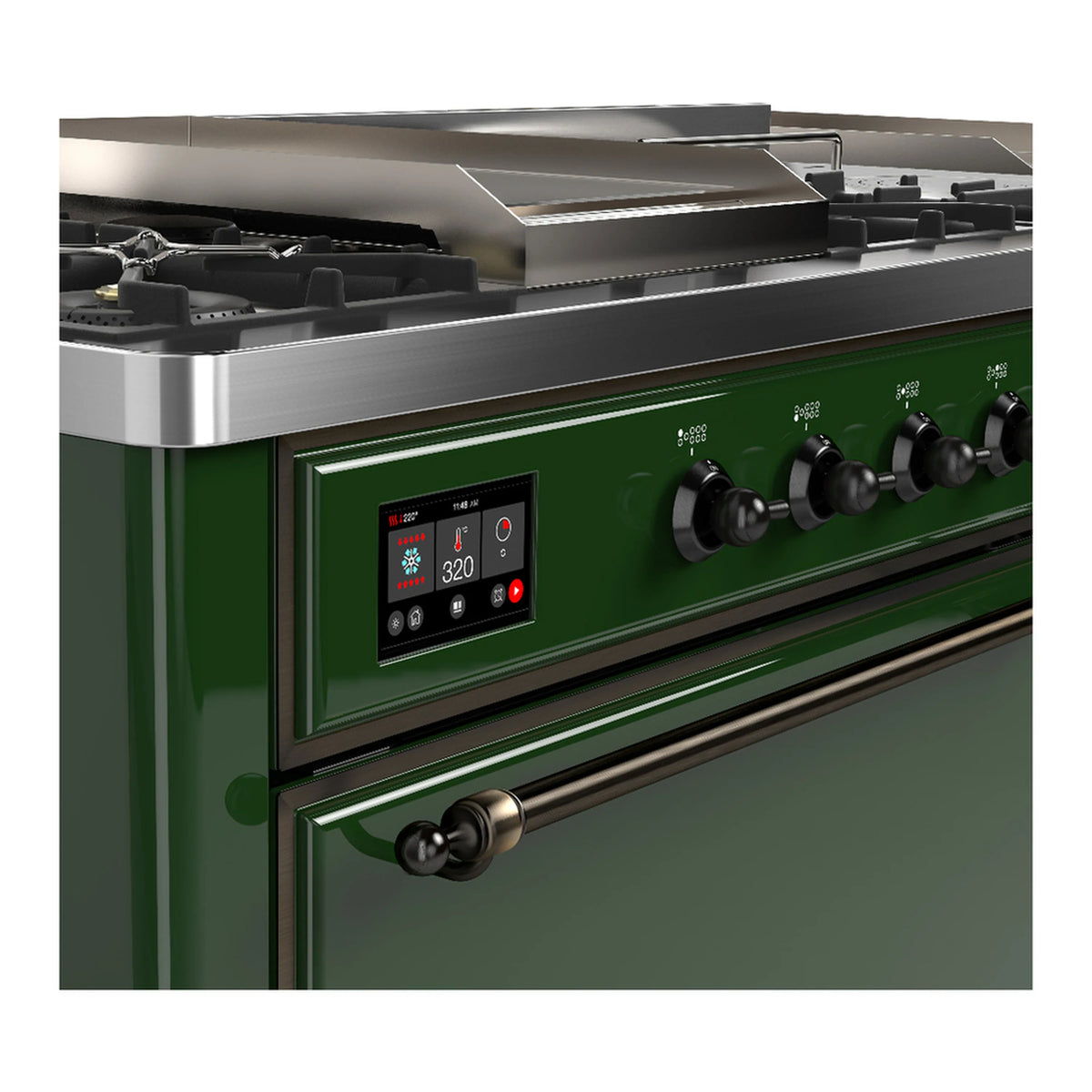 Emerald green dual fuel range control panel with knobs and digital display on front