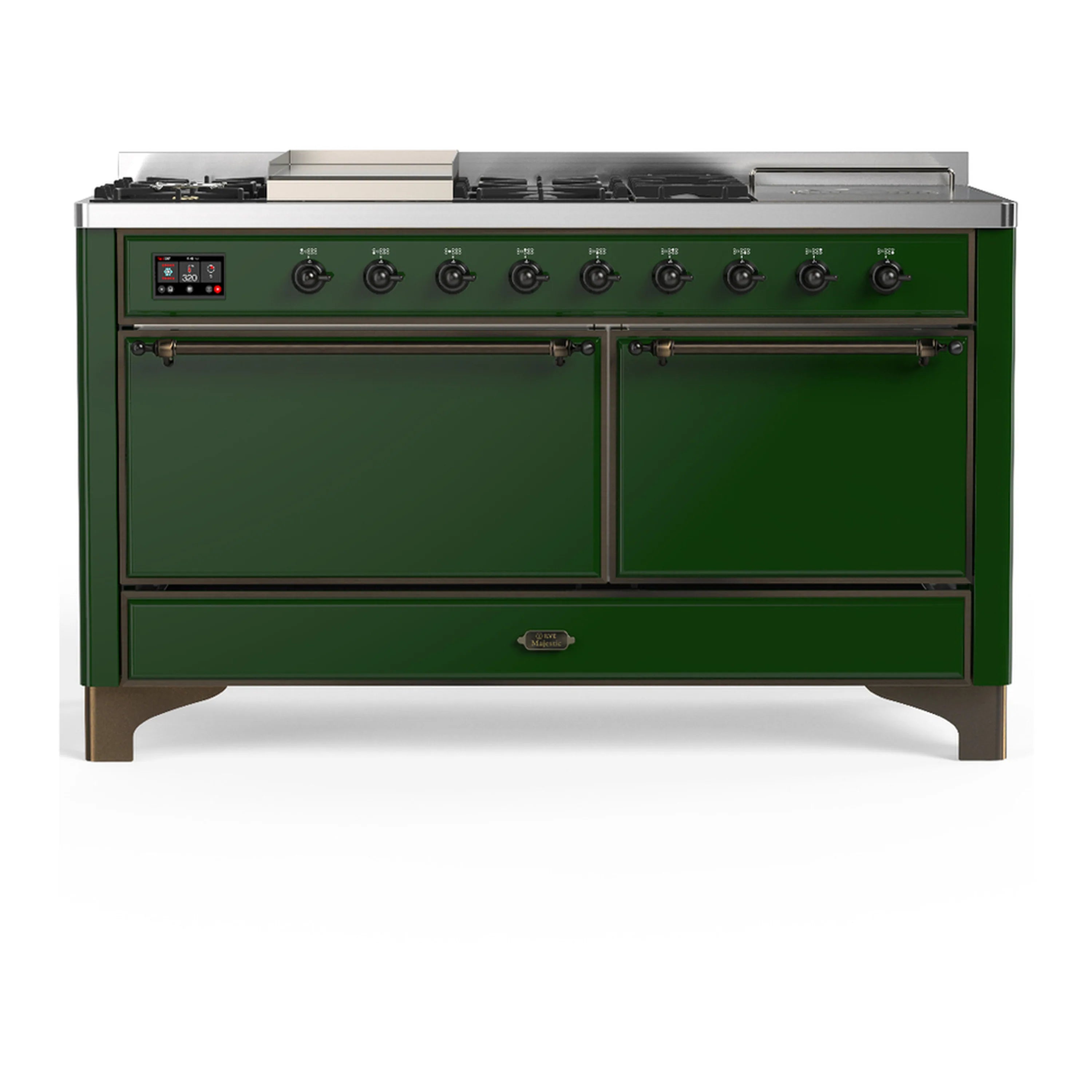 Emerald green dual fuel range with control panel, dual doors, and stainless trim