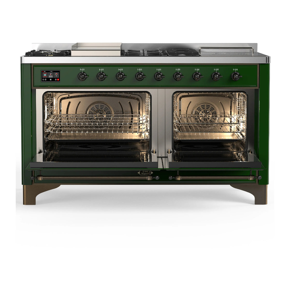 Emerald green dual fuel range with two open ovens, racks, and interior fan