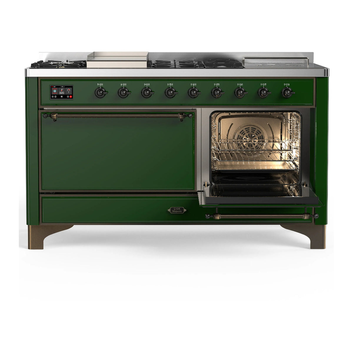 Emerald green dual fuel range with open right oven door and closed left oven door