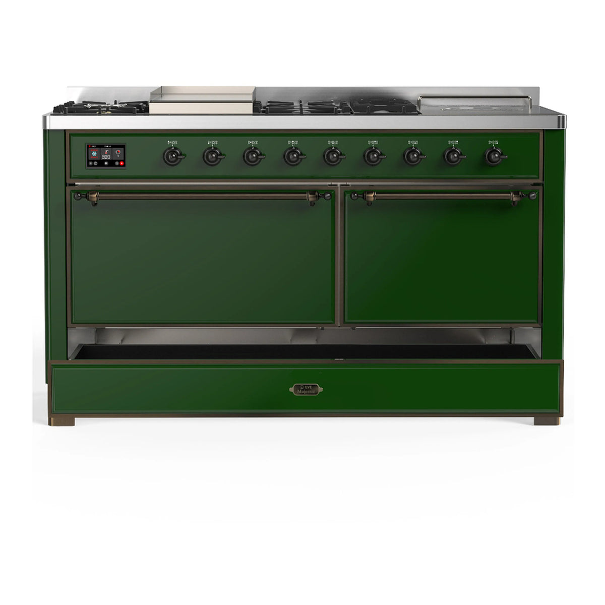 Emerald green dual fuel range front with control panel, double doors, and storage drawer