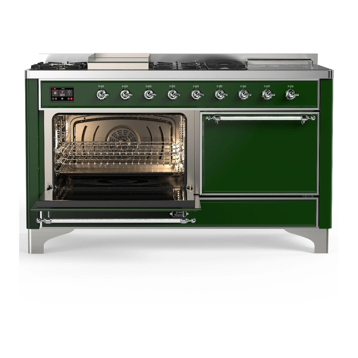 Emerald green dual fuel range with chrome trim, open oven door and burner knobs