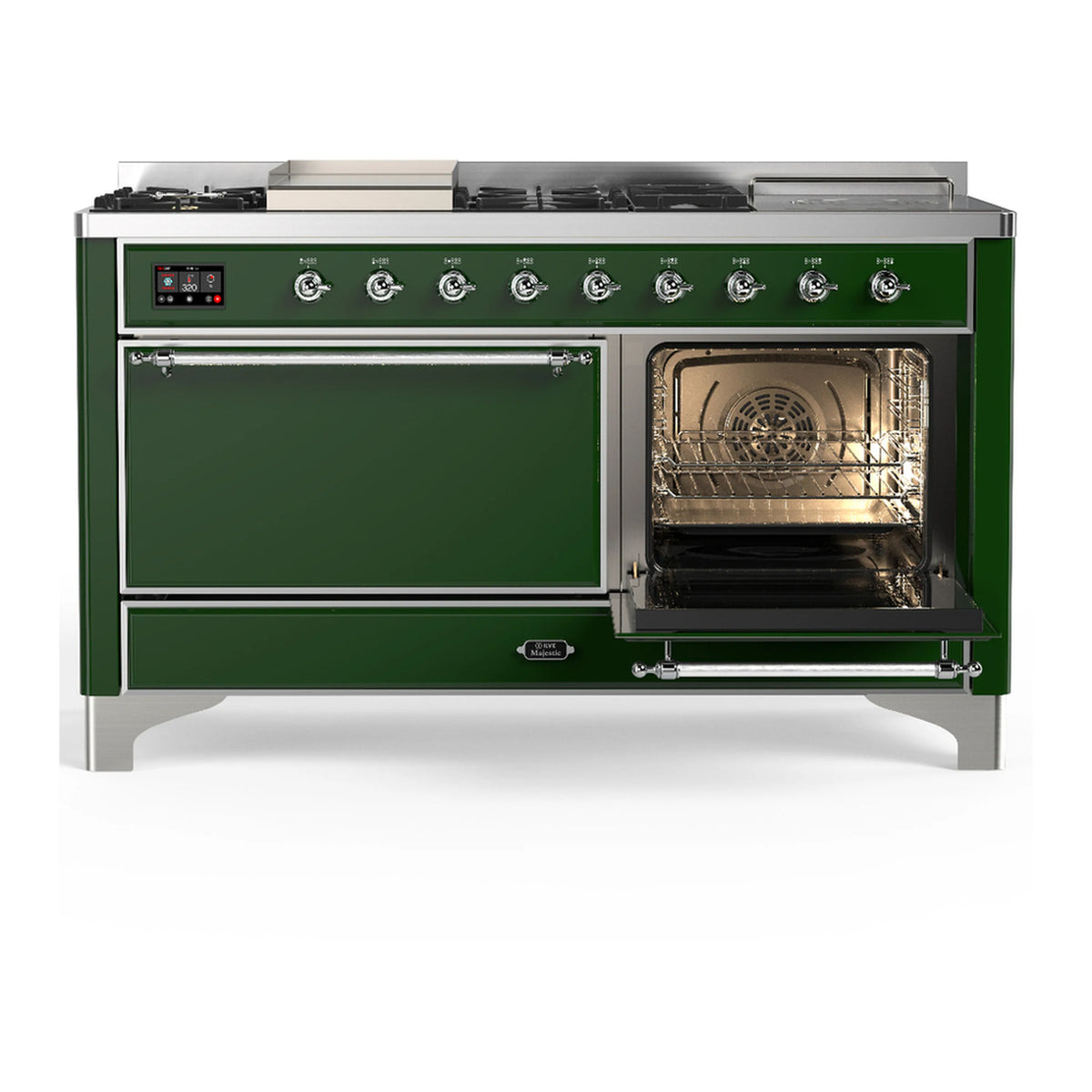 Emerald green dual fuel range with both oven doors open and burner control knobs