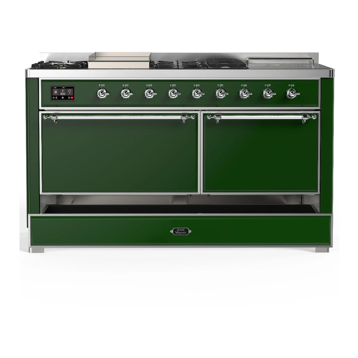 Emerald green dual fuel range with two closed oven doors and lower storage drawer