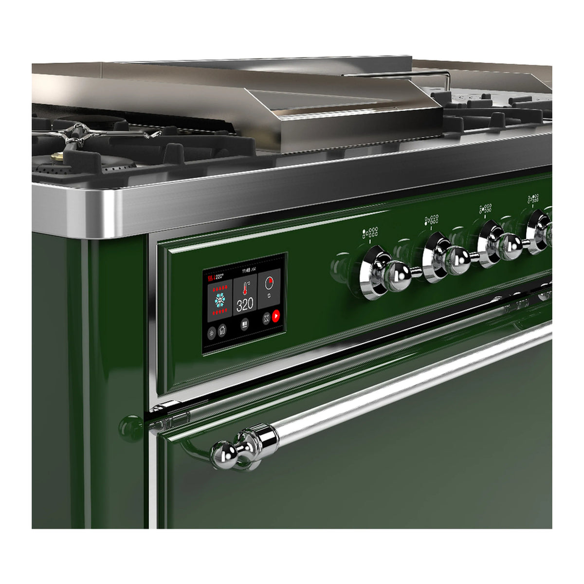 Close-up of emerald green dual fuel range control panel with chrome knobs and trim