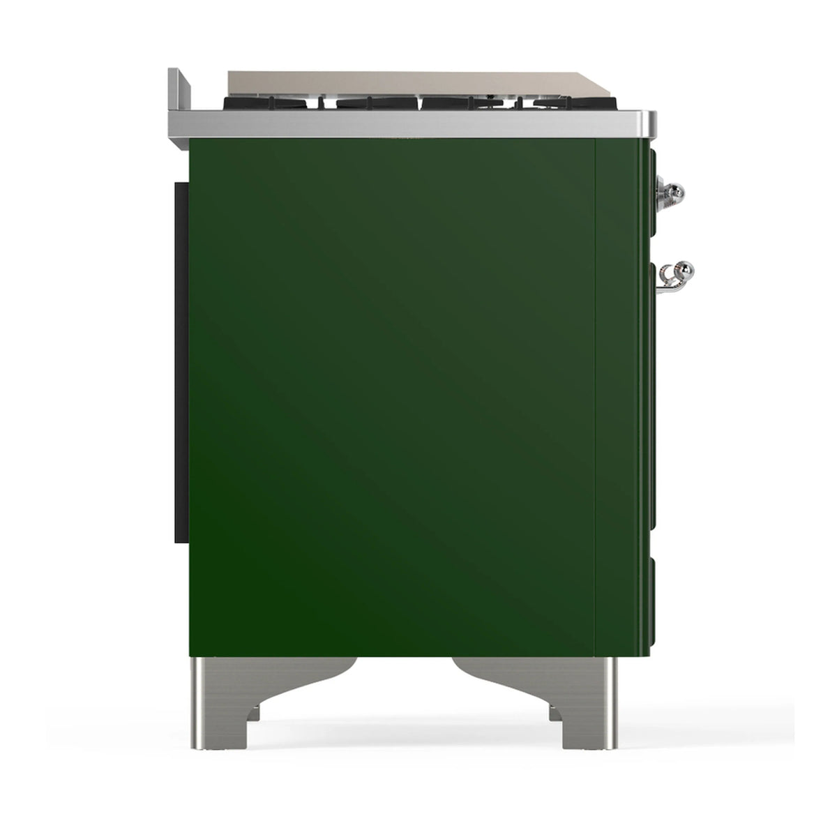 Emerald green dual fuel range side panel with chrome feet and side handles