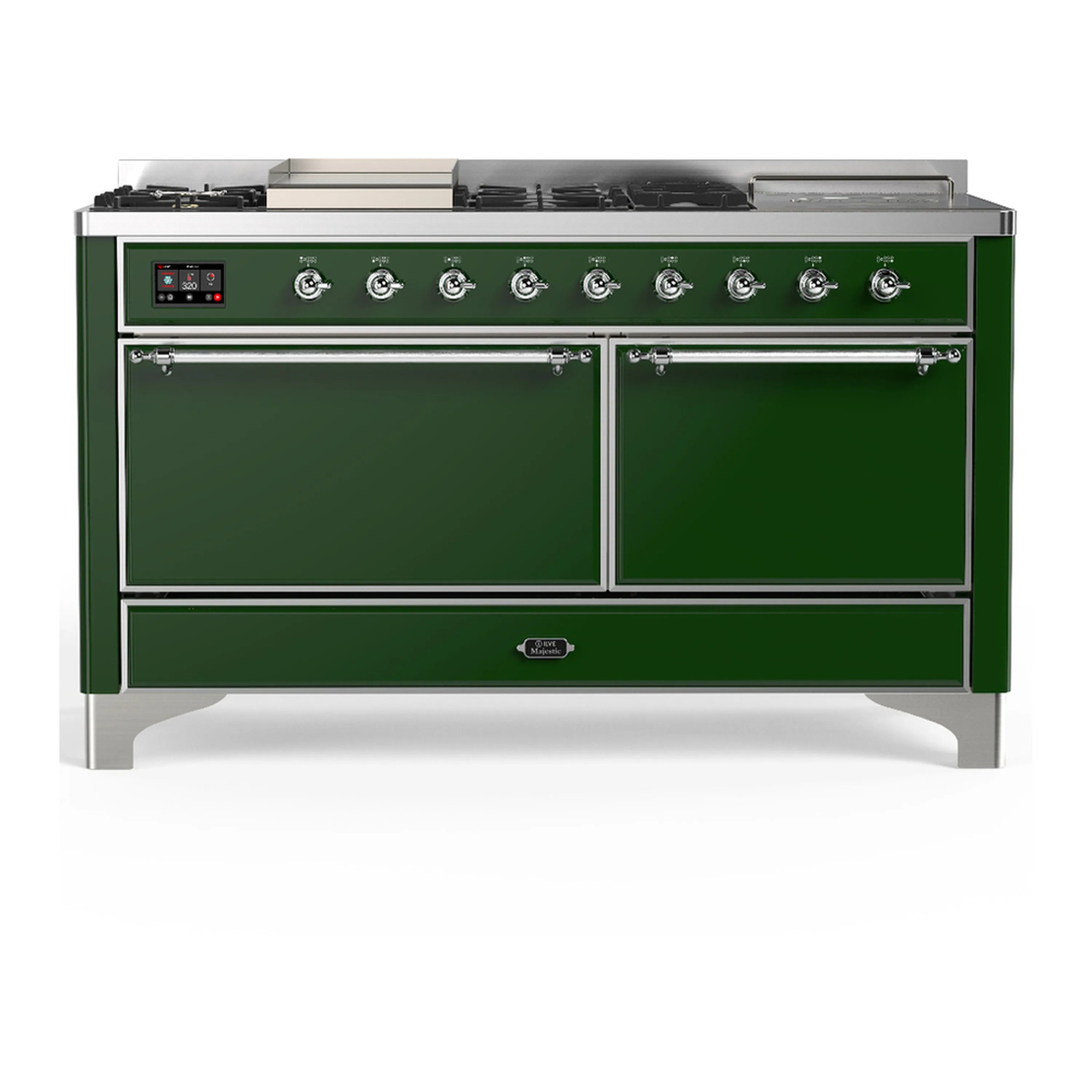 Emerald green dual fuel range with chrome trim, top controls, and two solid cabinet doors