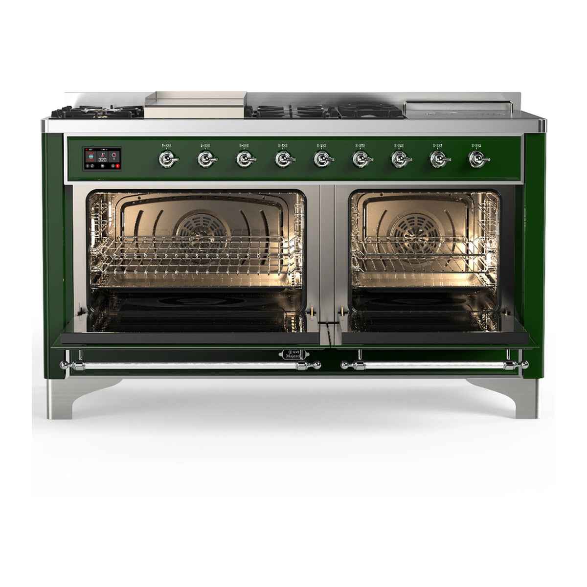 Emerald green dual fuel range with both oven doors open, showing wire racks and broil interior