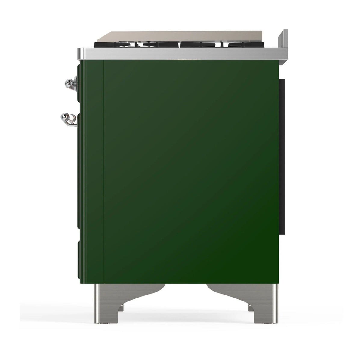 Emerald green back panel of a dual fuel range with chrome corner supports and cooktop base