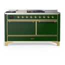 ILVE Majestic III 60-inch Dual Fuel Range with 5 Liquid Propane Burner, Griddle, French Top and Solid Door Electric Oven in Emerald Green with Brass Trim (UM60FSQNR3EGGLP)