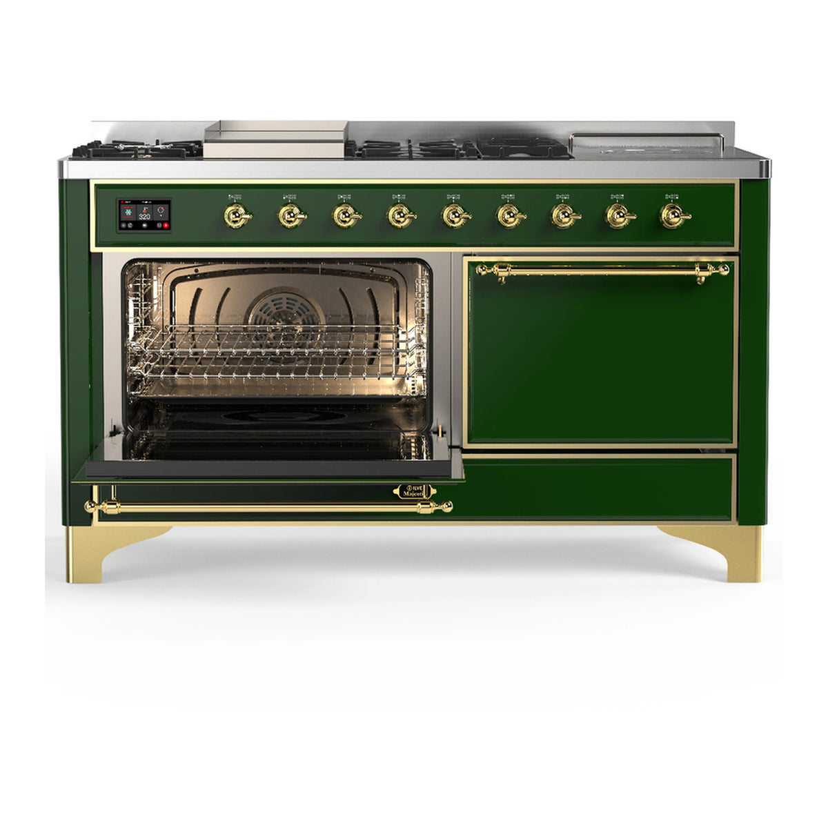 Emerald green dual fuel range with brass trim; oven door open showing wire racks
