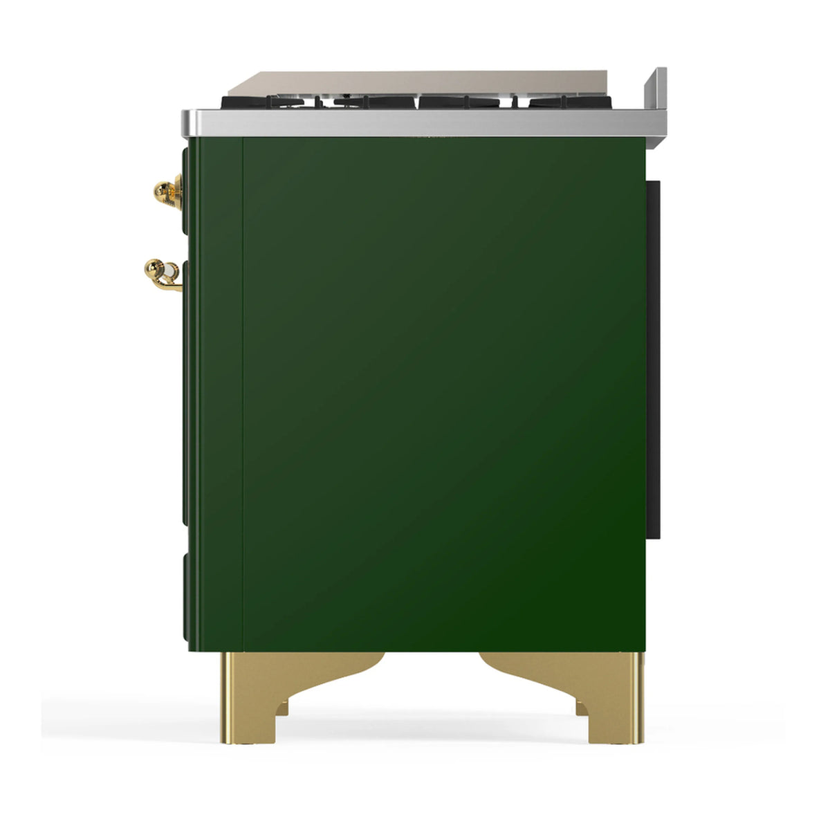 Emerald green range side panel with brass legs and black rear control area