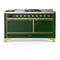 ILVE Majestic III 60-inch Dual Fuel Range with 5 Liquid Propane Burner, Griddle, French Top and Solid Door Electric Oven in Emerald Green with Brass Trim (UM60FSQNR3EGGLP)