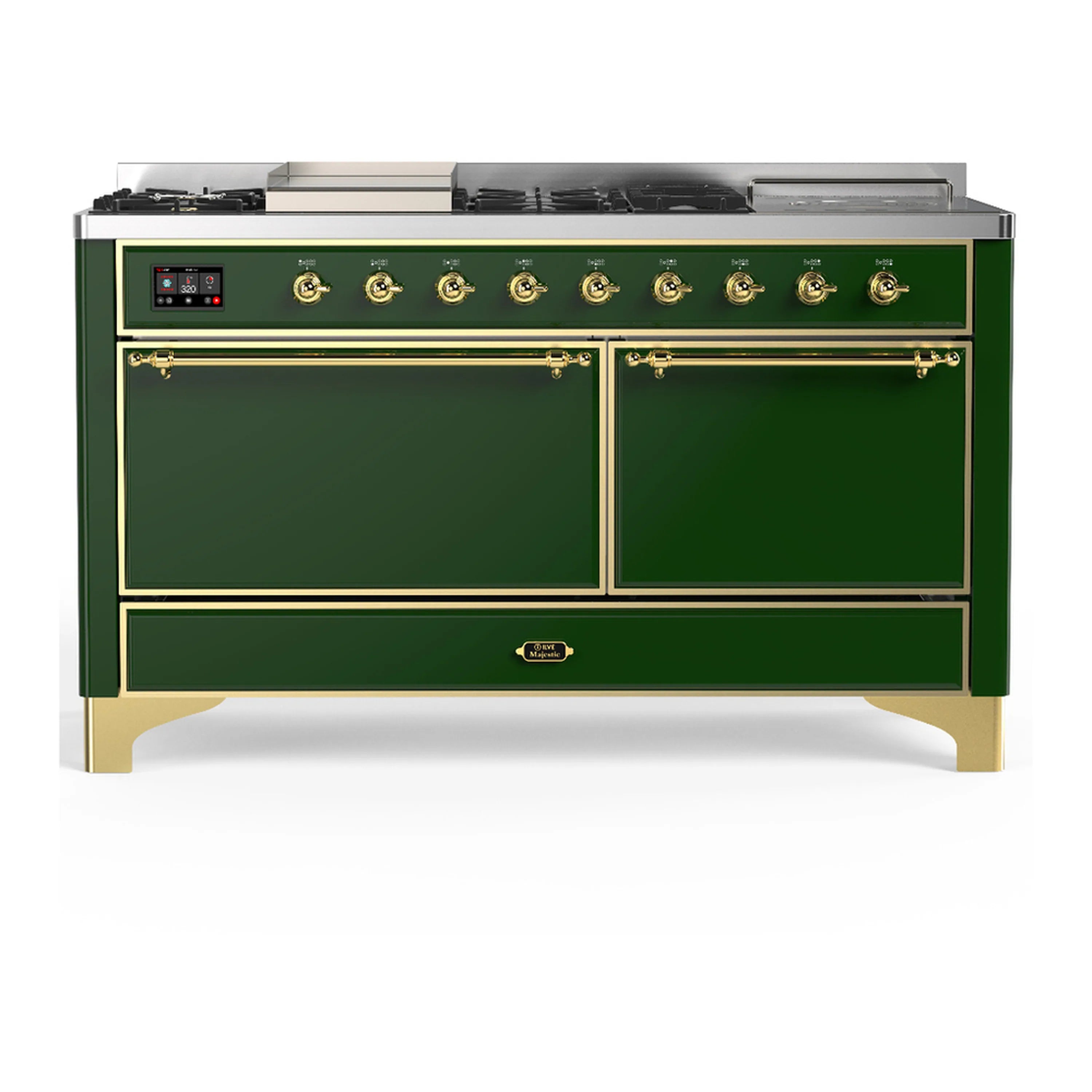 Emerald green dual fuel range with brass trim, control panel, and two closed oven doors