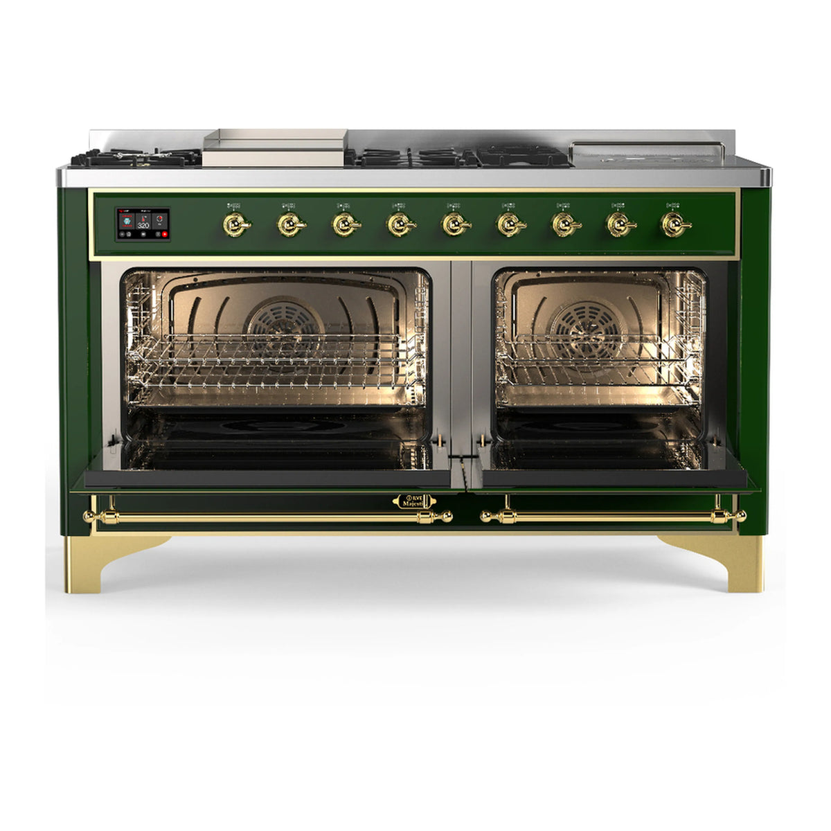 Emerald green dual fuel range with brass trim, both oven doors open, racks visible inside