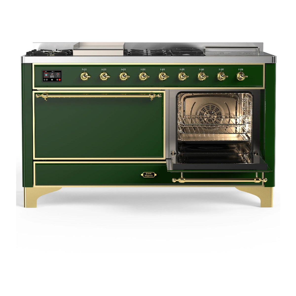 Emerald green dual fuel range with brass trim; right oven open with rack, left door closed