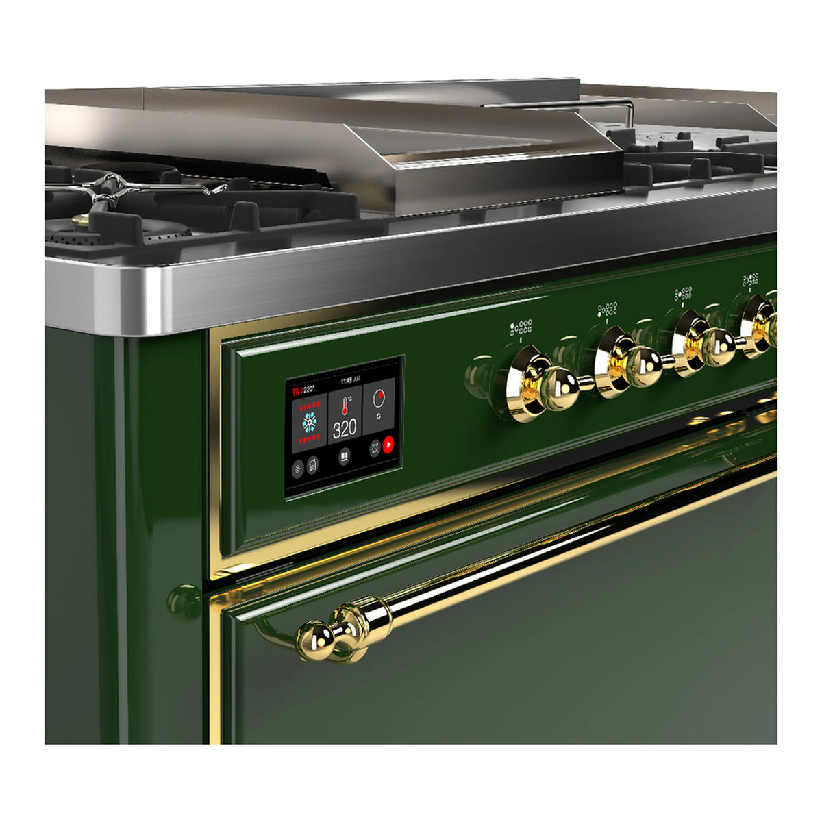 Emerald green dual fuel range with brass control knobs and illuminated digital display