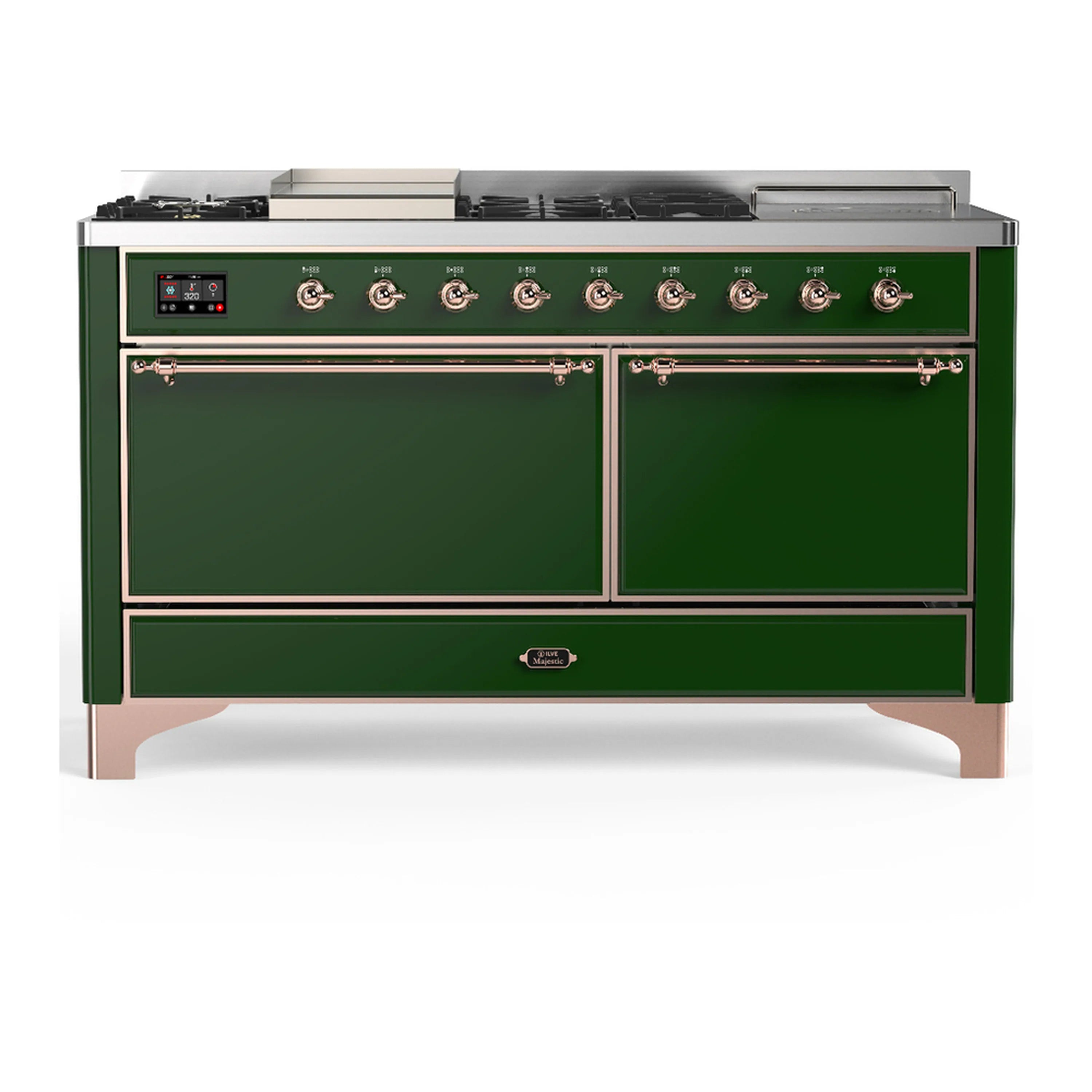 Emerald green dual fuel range with copper-trim knobs and double solid oven doors