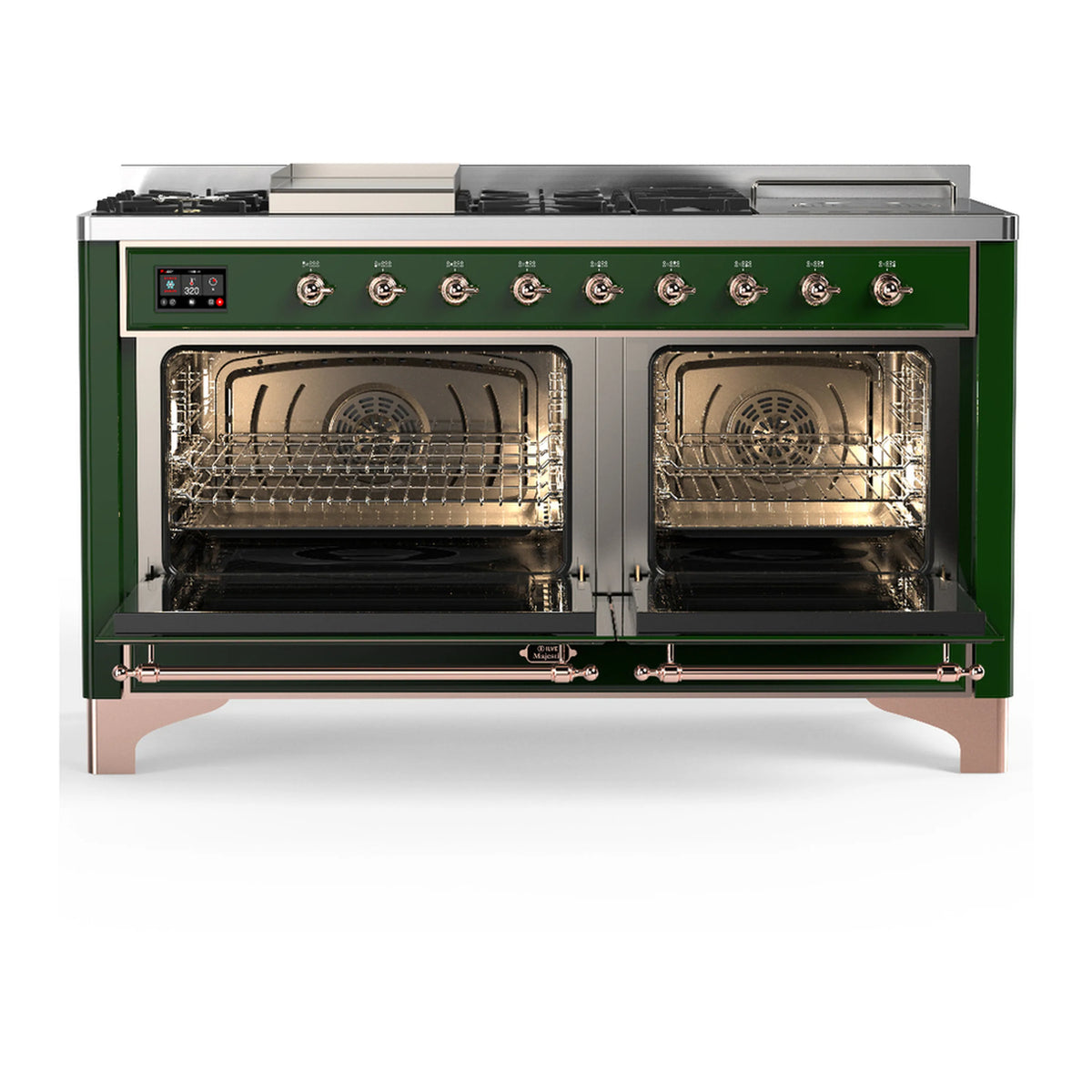 Emerald green dual fuel range with copper-trim open oven doors and racks inside