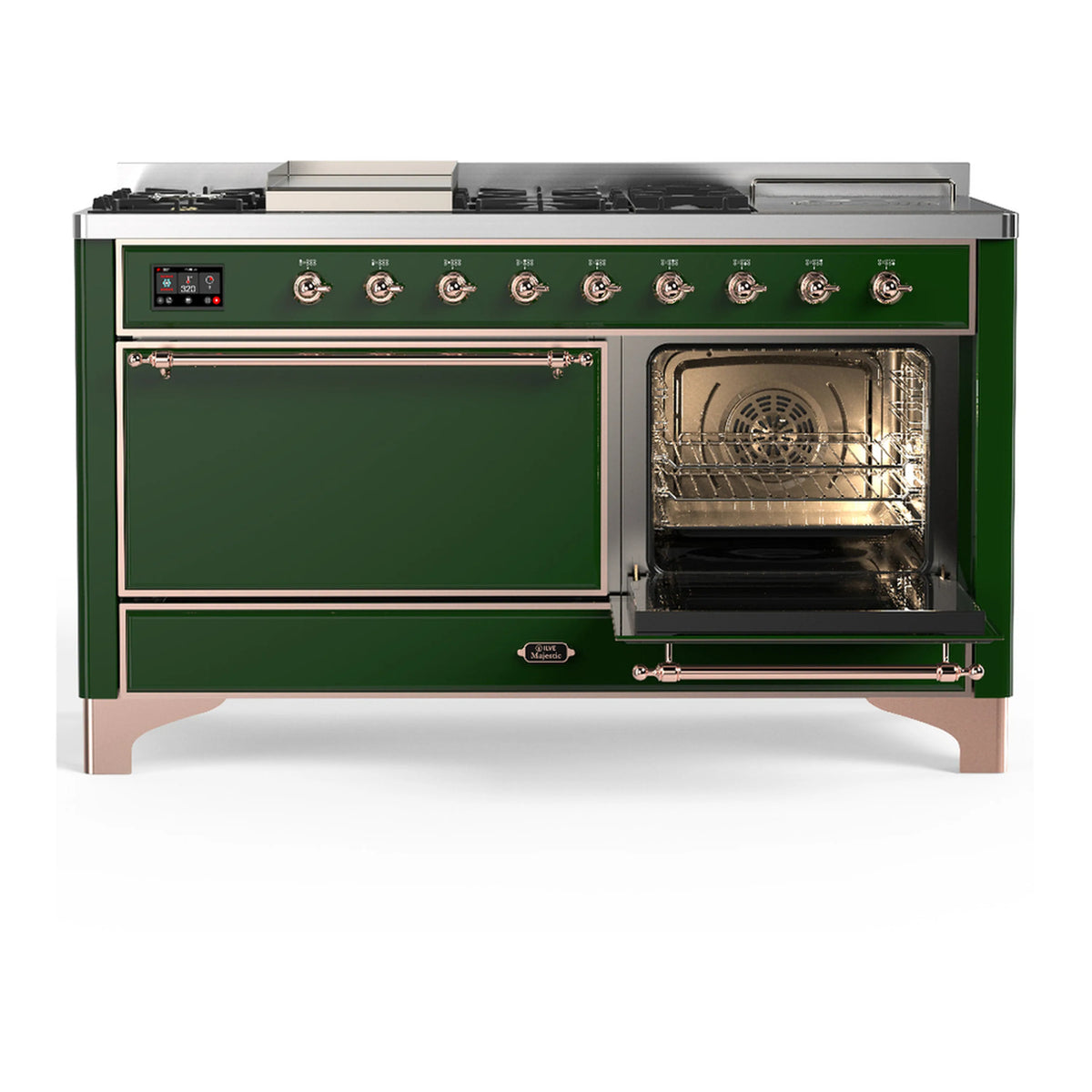 Emerald green dual fuel range with copper-trim open oven door and heated interior