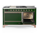 ILVE Majestic III 60-inch Dual Fuel Range with 5 Liquid Propane Burner, Griddle, French Top and Solid Door Electric Oven in Emerald Green with Copper Trim (UM60FSQNR3EGPLP)