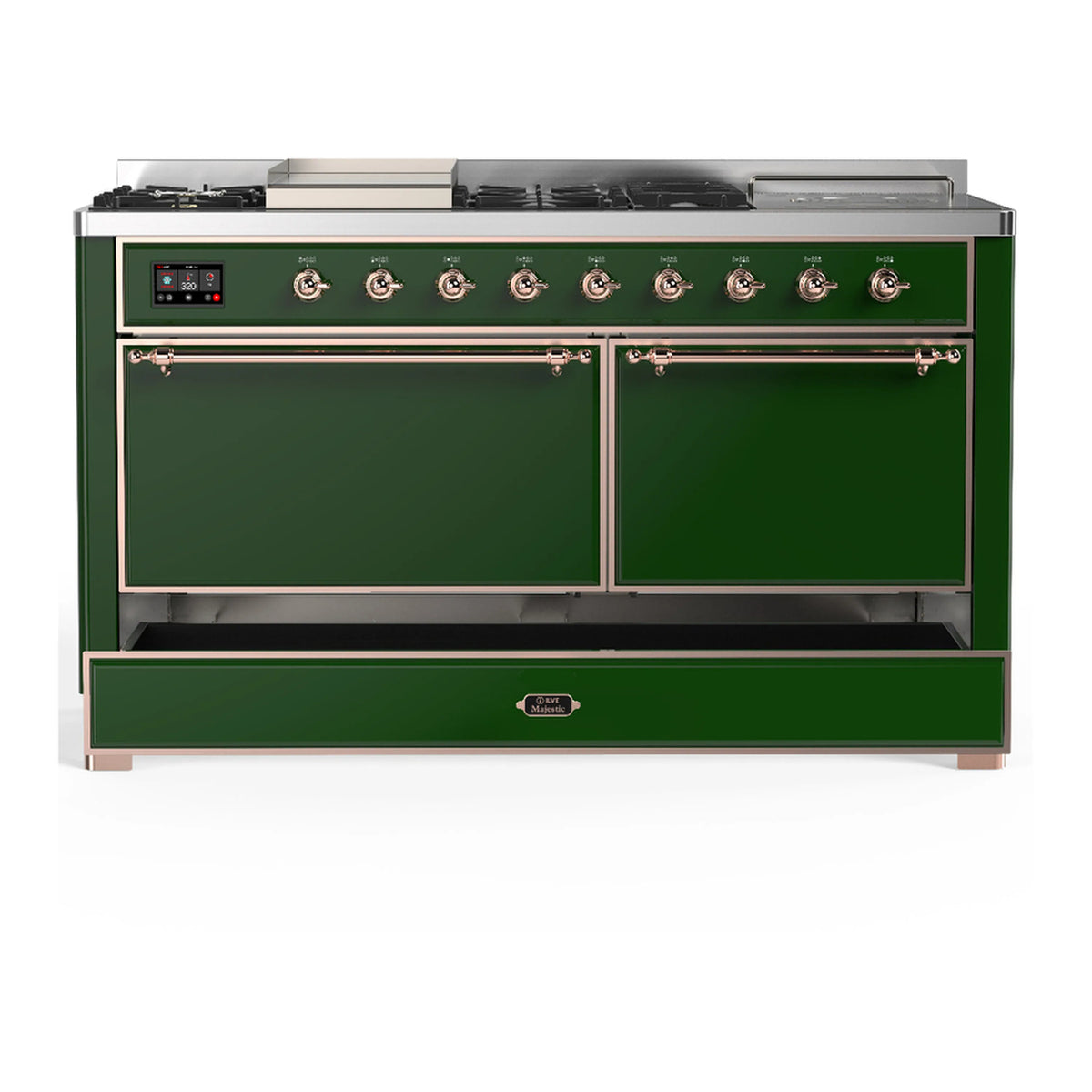 Emerald green dual fuel range with copper-trim doors and lower storage drawer