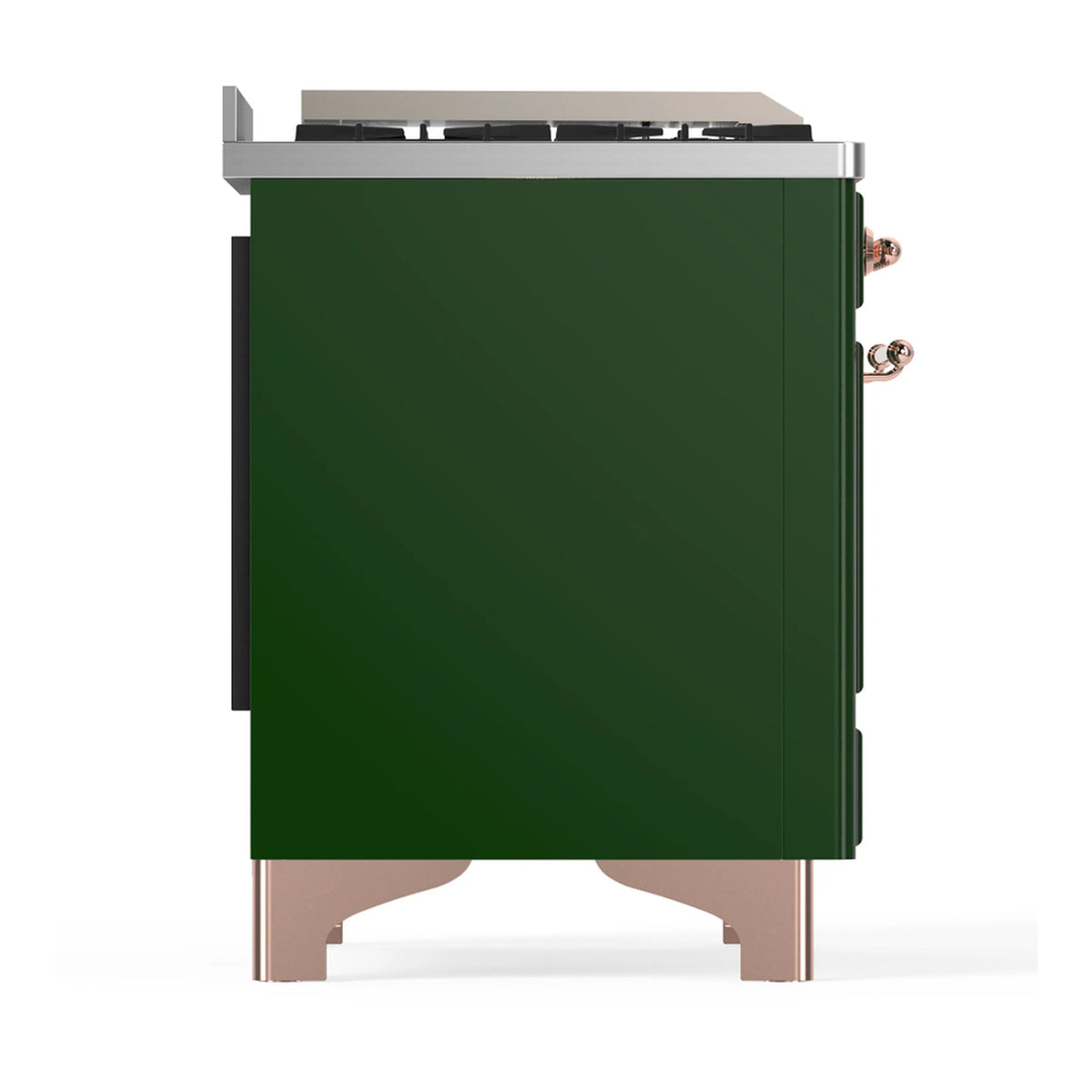 Side view of emerald green dual fuel range with copper-trim side handles