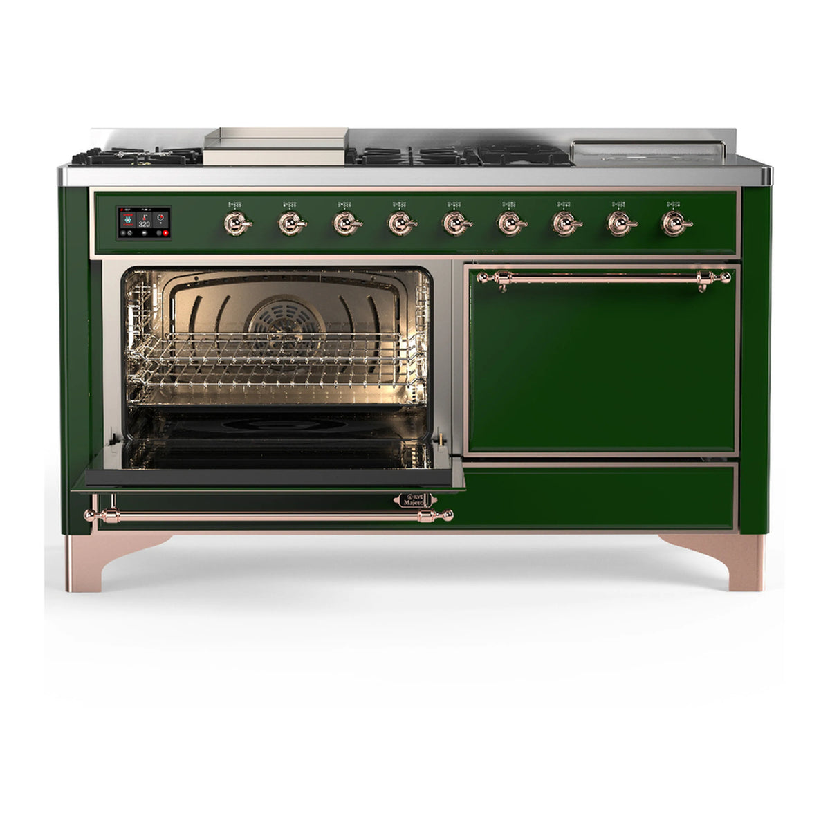 Emerald green dual fuel range with copper trim, left oven open and right solid door closed