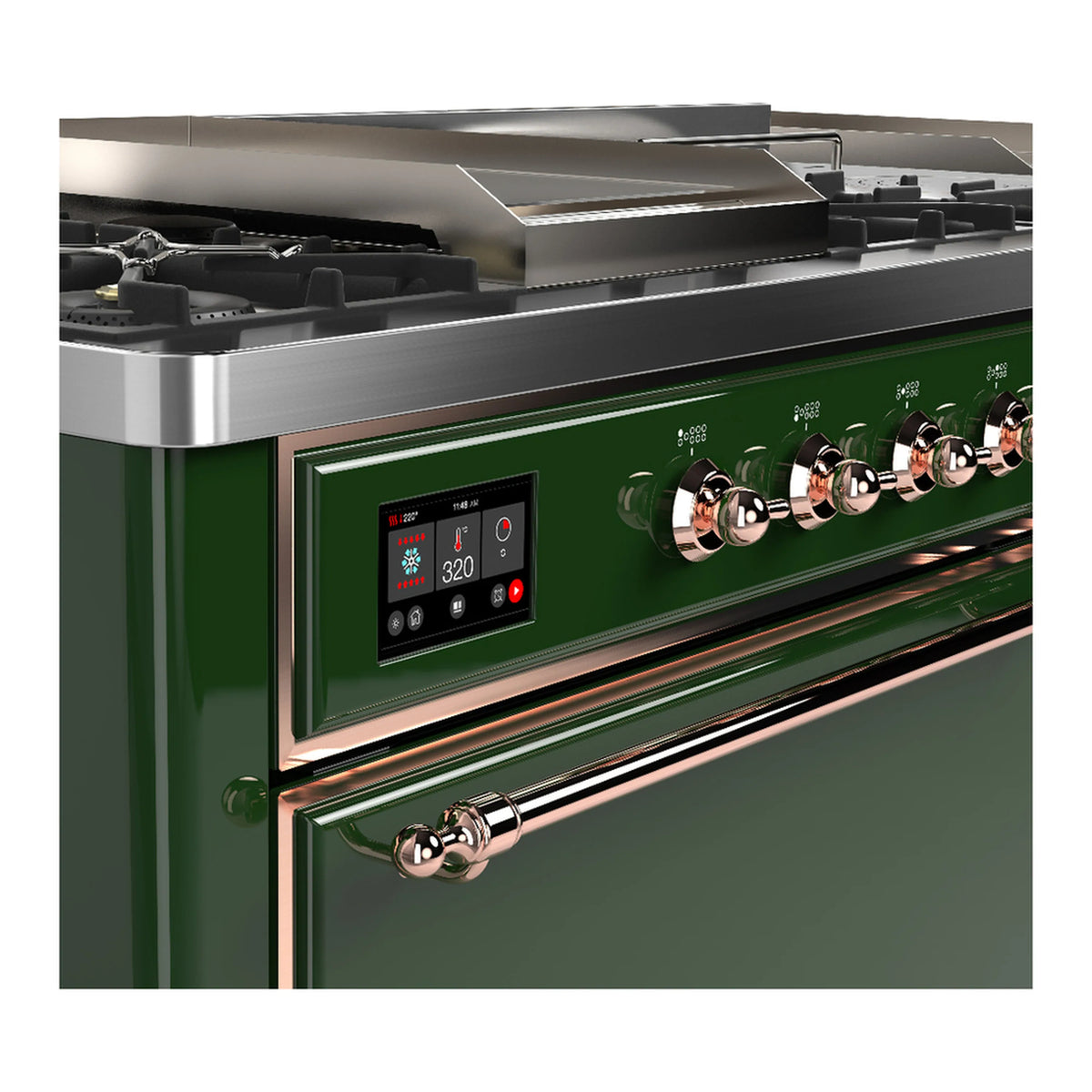 Emerald green dual fuel range with copper-trim control panel and round burner knobs