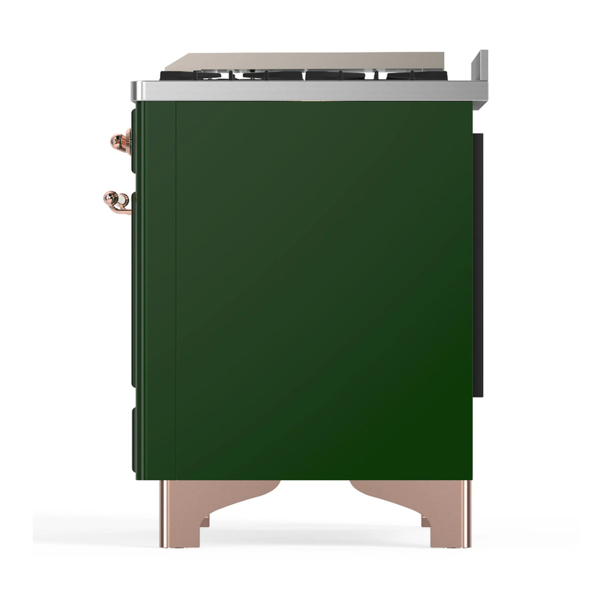 Emerald green dual fuel range side view with copper trim and level feet