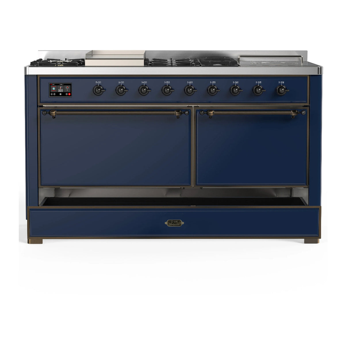 Midnight blue dual fuel range with control panel and closed double oven doors