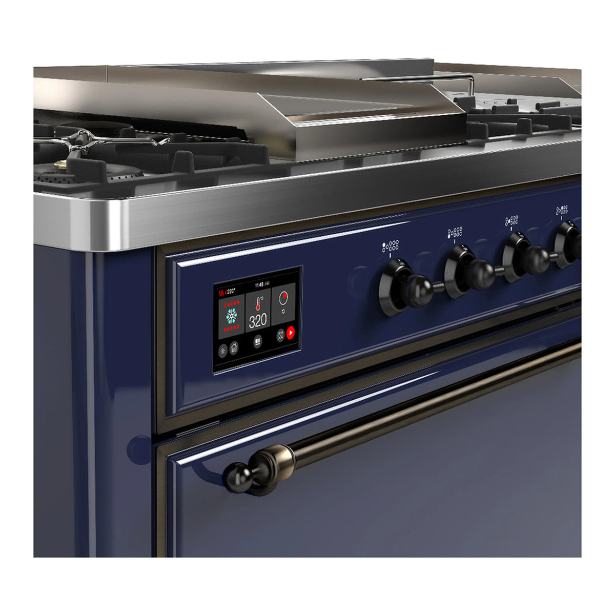 Midnight blue range control panel with digital display and black knob handles