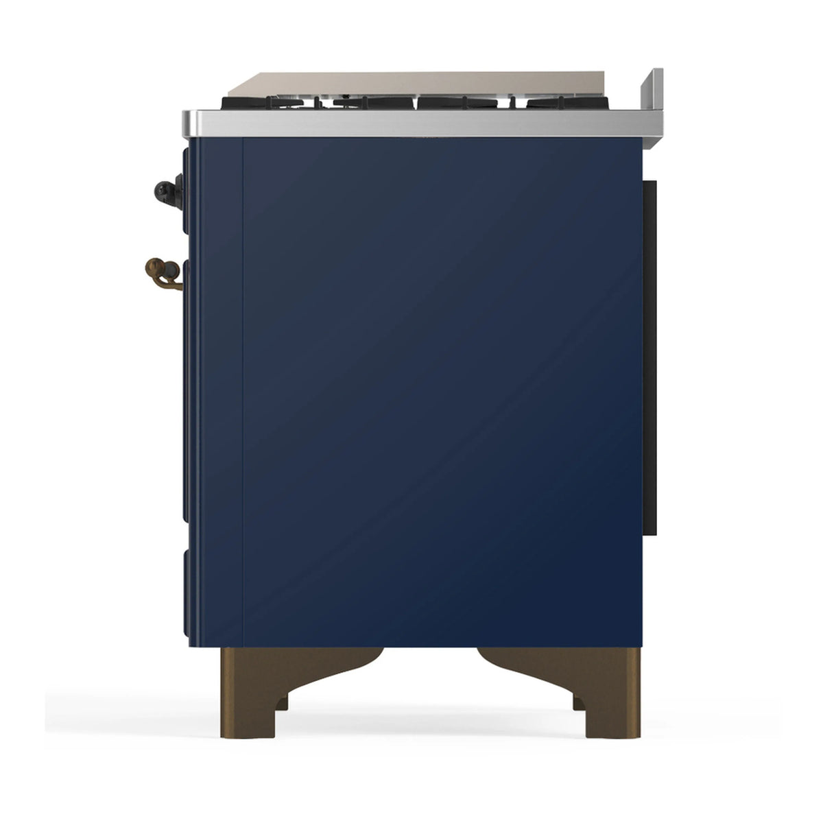 Midnight blue range side view with solid door panel, corner knobs, and legs