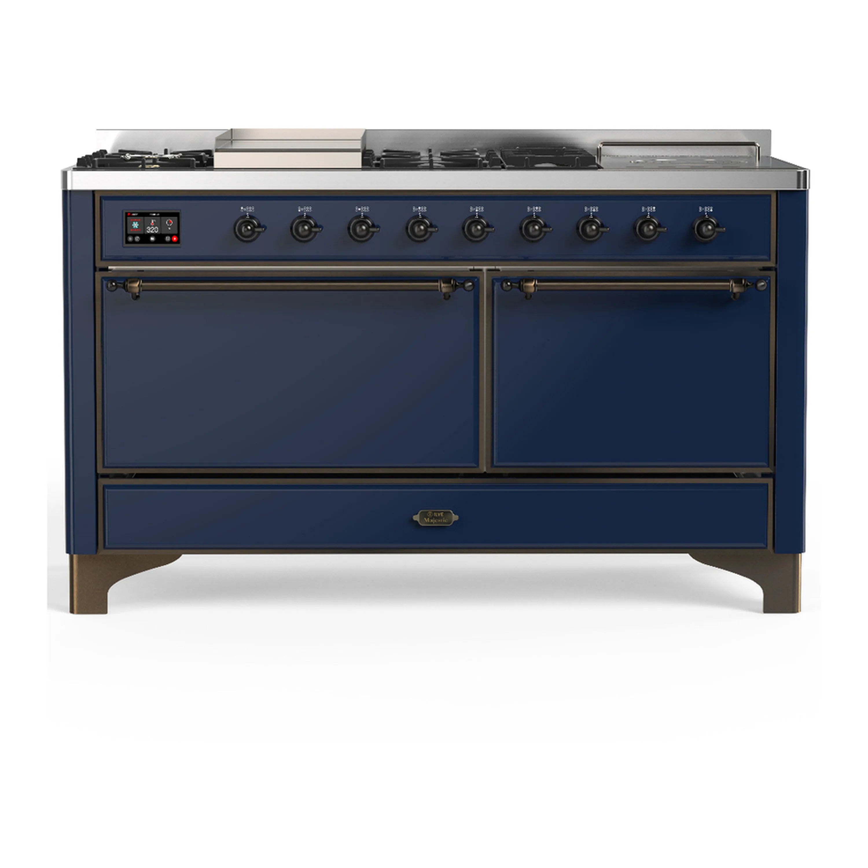 Midnight blue dual fuel range with dual ovens, griddle, French top and burnished trim