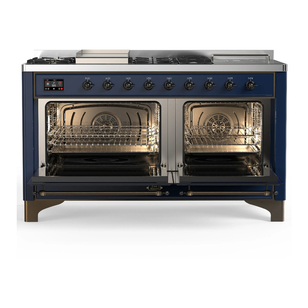 Midnight blue dual fuel range with both oven doors open, wire racks and burner compartments