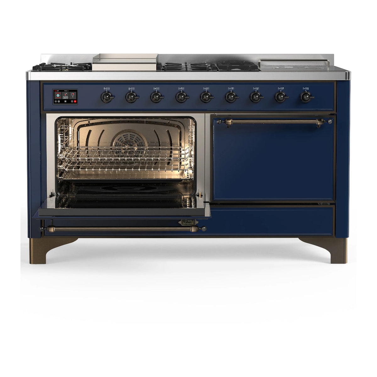 Midnight blue dual fuel range with left oven door open and control panel above burners