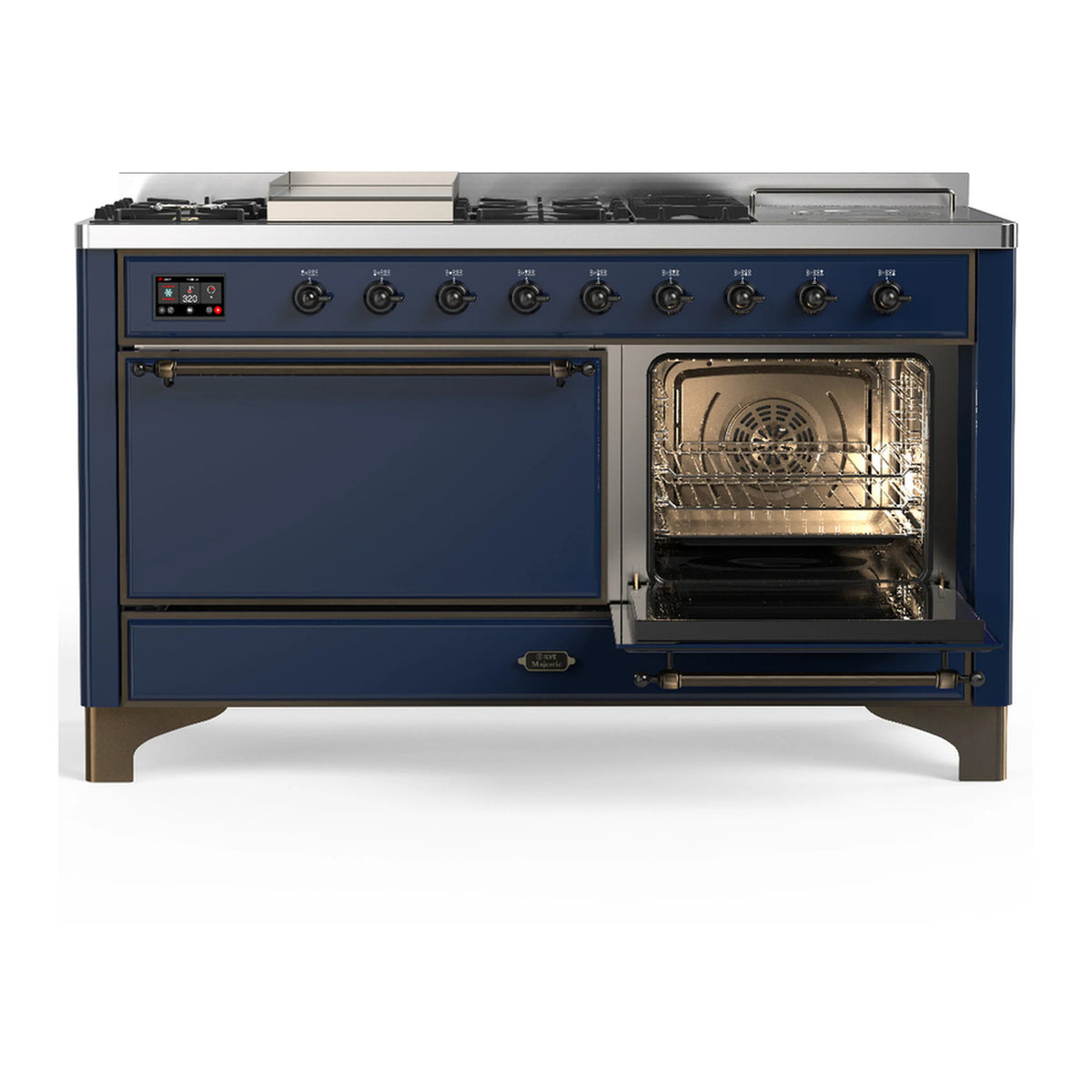 Midnight blue dual fuel range with right oven door open, illuminated oven interior and racks
