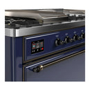 ILVE Majestic III 60-inch Dual Fuel Range with 7 Natural Gas Burner, Griddle, French Top and Solid Door Electric Oven in Midnight Blue with Burnished Trim (UM60FSQNR3MBB)