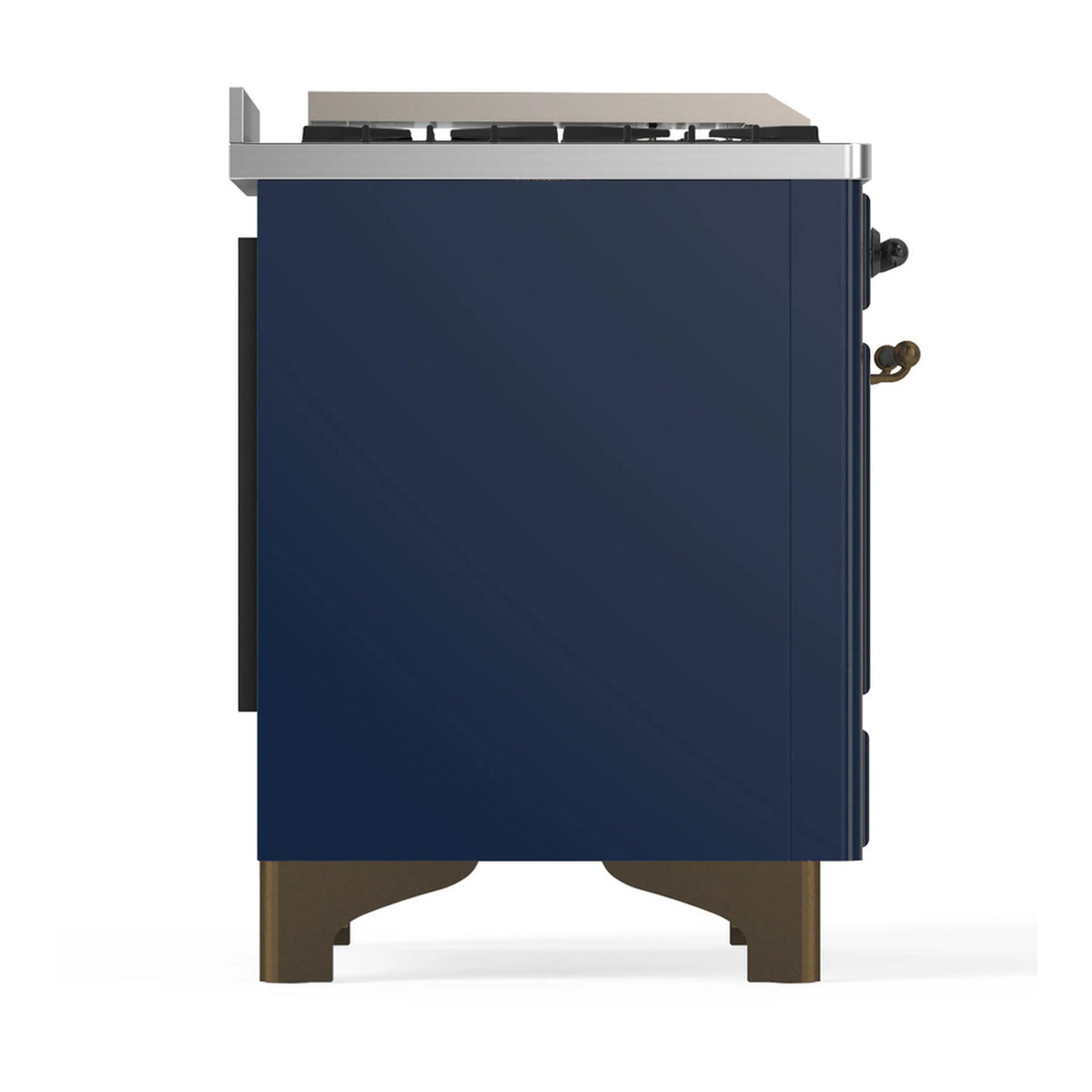 Midnight blue dual fuel range side view with solid oven door and burnished trim