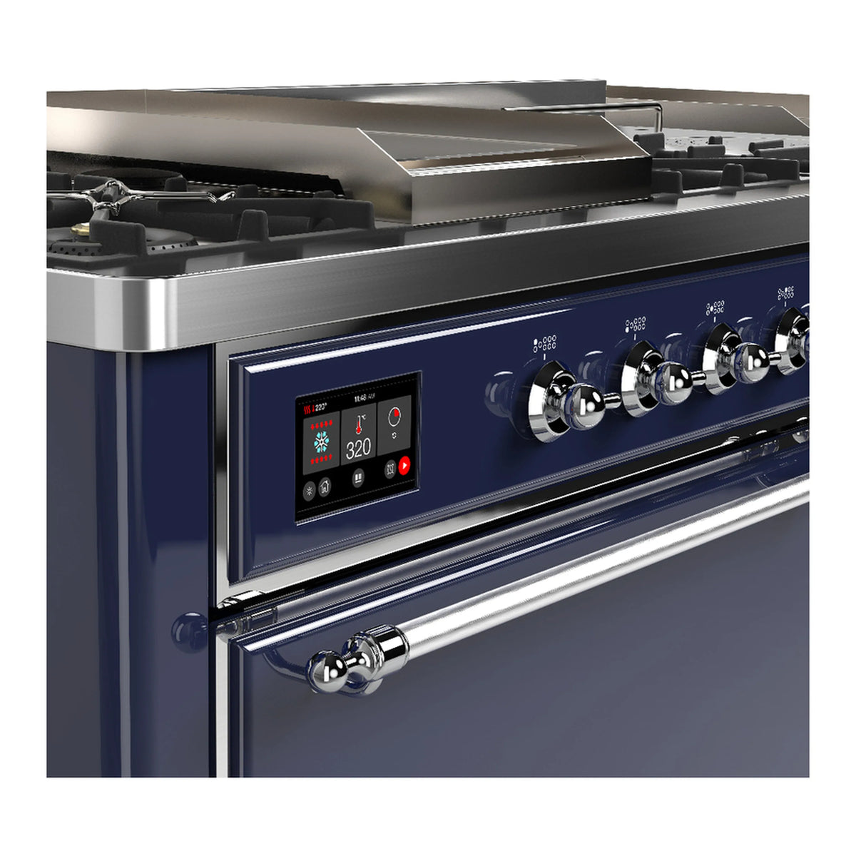 Midnight blue dual fuel range control panel with chrome knobs and digital display